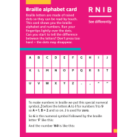 A pink braille alphabet card