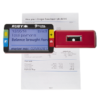 Ruby handheld magnifier showing the enlarged text of a household utility bill beneath it