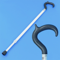 Short white walking stick next to a close up of the black crook shape handle