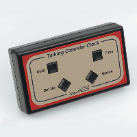 An angled black rectangular talking clock with four large tactile buttons visible