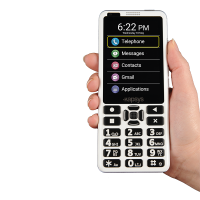 Image shows hand holding phone with the screen on, on a white background