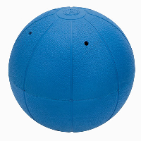 Large blue goalball with two of its eight holes visible