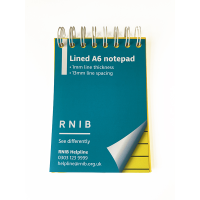 RNIB A6 Spiral Yellow notebook cover against a white background