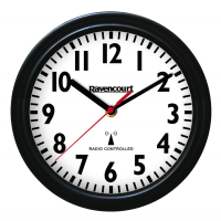 Wall clock with wide black trim, white face and clear black numbers
