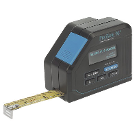 A talking tape measure in blue with a visible LCD screen and buttons