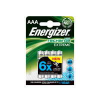 Four rechargeable AAA batteries in packaging
