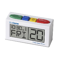 A digital alarm clock in white with four visible buttons on top