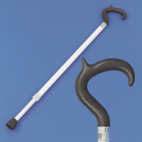 Long white walking stick next to a close up of the black crook shape handle