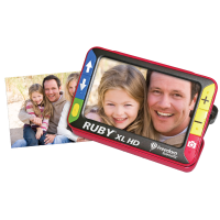 Ruby XL HD handheld video magnifier with a picture of a family photo on the screen 