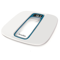An angled white talking bathroom scale with LCD display visible