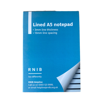 Front cover of RNIB A5 Blue writing pad