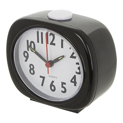 A front angled analogue talking clock in black with a large white button on top
