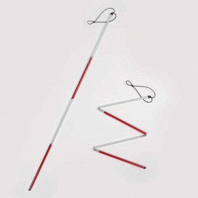 Aluminium deafblind folding symbol cane with a black ID tip extended for use and part-folded