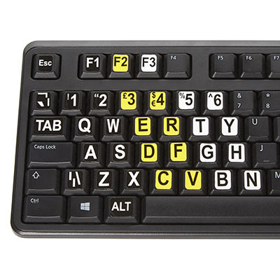 Large print keyboard stickers with black text on yellow background