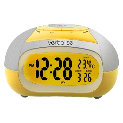 Front view of silver and yellow alarm clock with the clock face illuminated