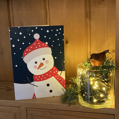 Inclusive snowman Christmas card on a shelf with Christmas decorations