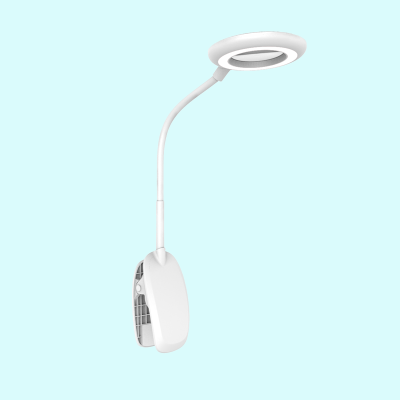 Rechargeable clip-on magnifier lamp facing right against a pale blue background