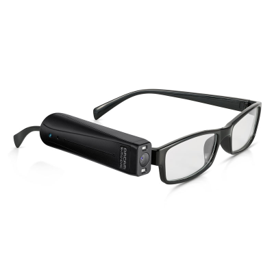 Orcam MyReader 2.0 attached to a pair of glasses