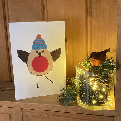 Inclusive robin Christmas card on a shelf with Christmas decorations