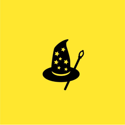 A yellow cover depicting a witches hat and wand