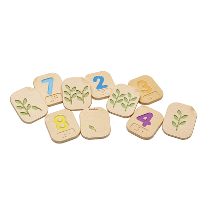 Plan Toys Braille wooden number blocks 1-10 against a white background