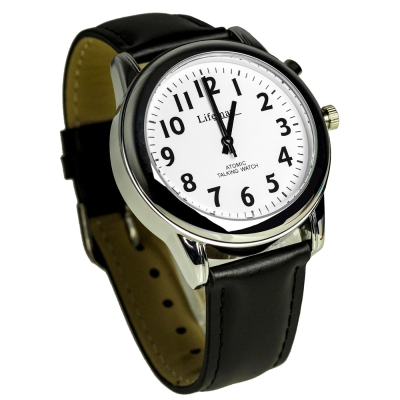 Angled view of the white faced watch with clear black numbers and hands and black leather strap