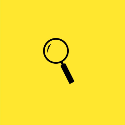 Black magnifying glass on a yellow background.
