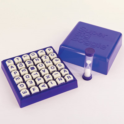 Super Big Boggle word game with a four-minute sand timer
