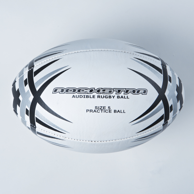 White rugby ball with printed black and silver design