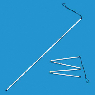 Aluminium folding symbol cane with a black ID tip extended for use and part-folded
