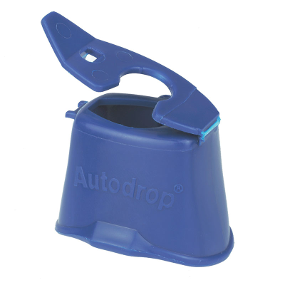 Close up of a blue AutoDrop eye-drop dispenser