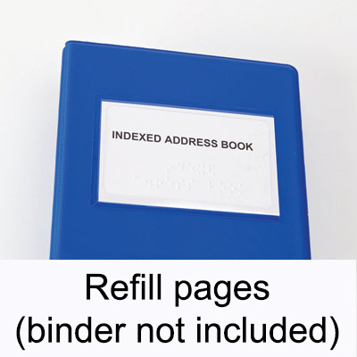 Close-up of Braille indexed address book containing refill pages