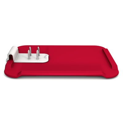 Large, red chopping board with four-pronged food holder attached