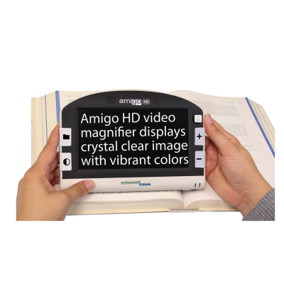 Amigo HD Portable Video Magnifier with black and white buttons and white text on a black background