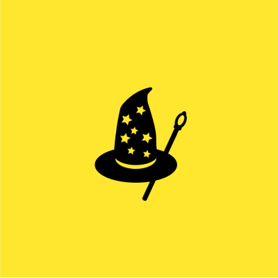 A yellow cover depicting a witches hat and wand