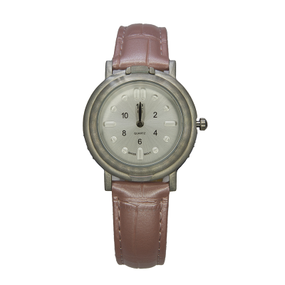Front view of tactile watch with strap buckled up against a white background