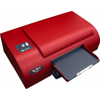 Top angle view of the ViewPlus SpotDot Emprint embosser in red
