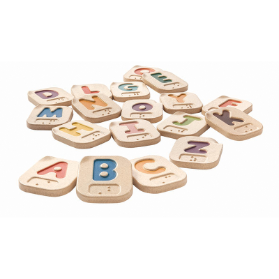 Plan Toys Braille wooden Alphabet blocks against a white background