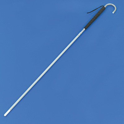 Graphite folding long cane with roller marshmallow tip extended for use and part-folded