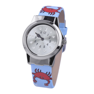 Children’s watch with a stainless steel case, silver tone dial and a fun ocean theme strap