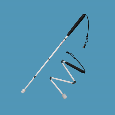Aluminium folding long cane with roller extended for use and part-folded