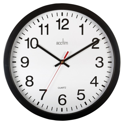 A large easy-to-see quartz wall clock in black with a white clock face