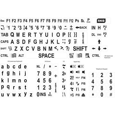 Large print keyboard stickers with black text on white background