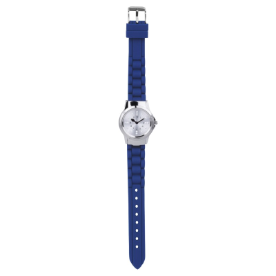 A watch with a stainless steel case, silver tone dial and is completed with a blue silicone strap