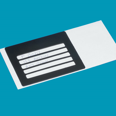 Angled view of the envelope guide on an envelope on a blue background