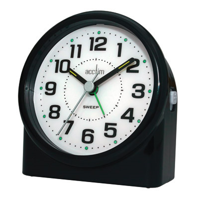A front angled silent easy-to-see alarm clock in black with a white clock face