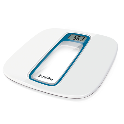 An angled white talking bathroom scale with LCD display visible