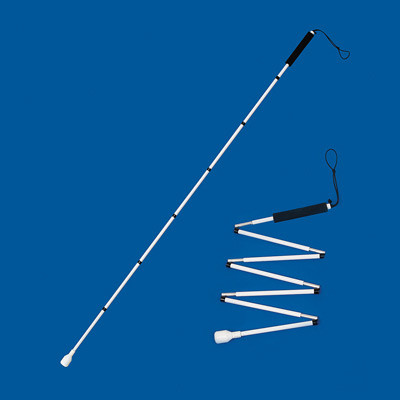 Slimline graphite folding long cane with a marshmallow tip extended for use and part-folded