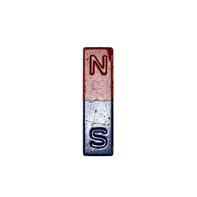 Rectangular magnet with red half and blue half and the letters N and S engraved on it