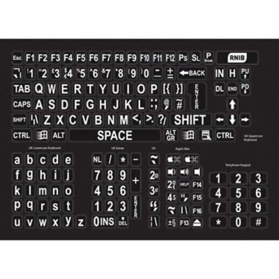 Large print keyboard stickers with white text on black background